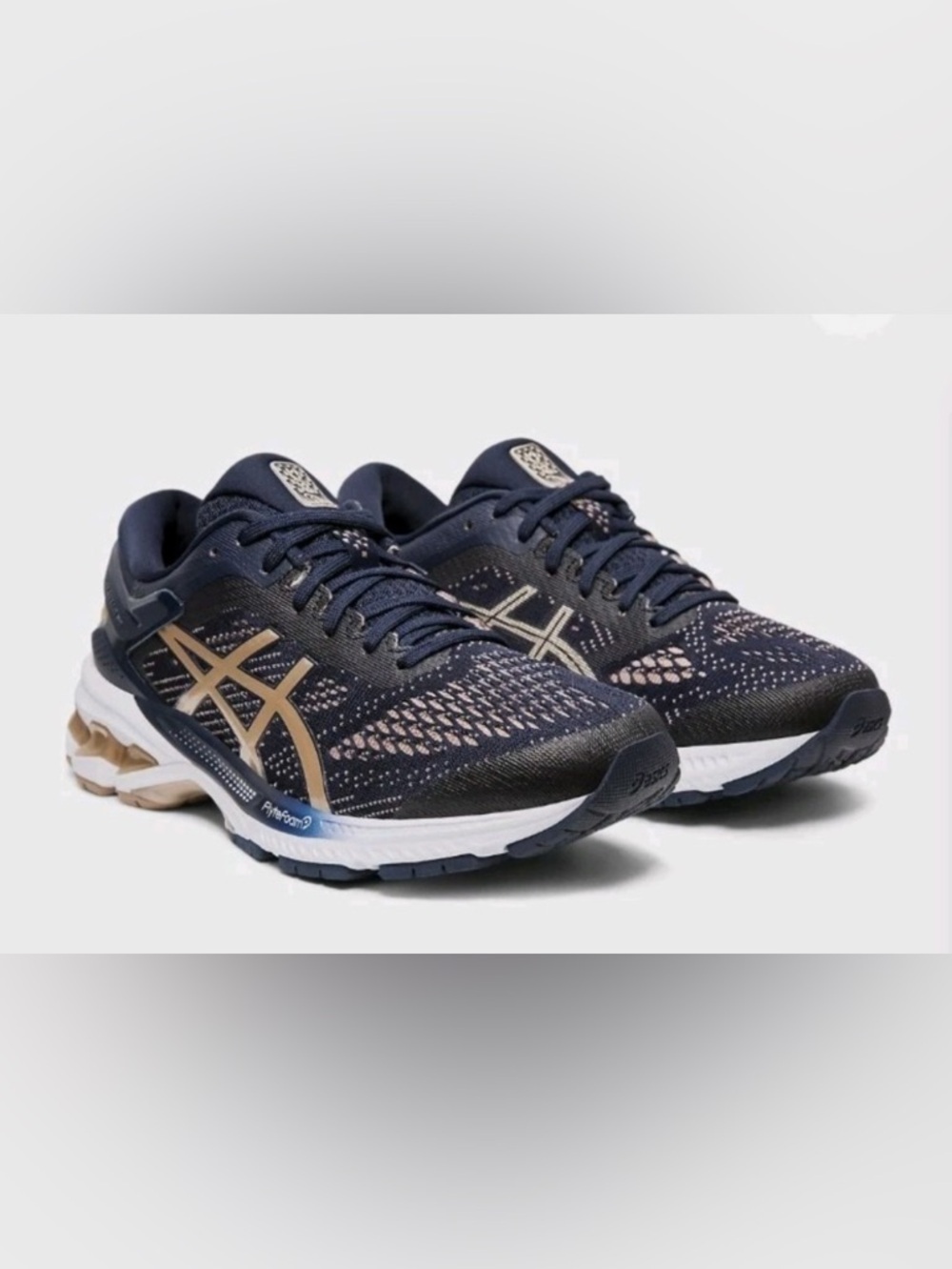 Asics Gel-Kayano 26 Navy Blue Gold Running Shoes 1012A457 Women's Size 10